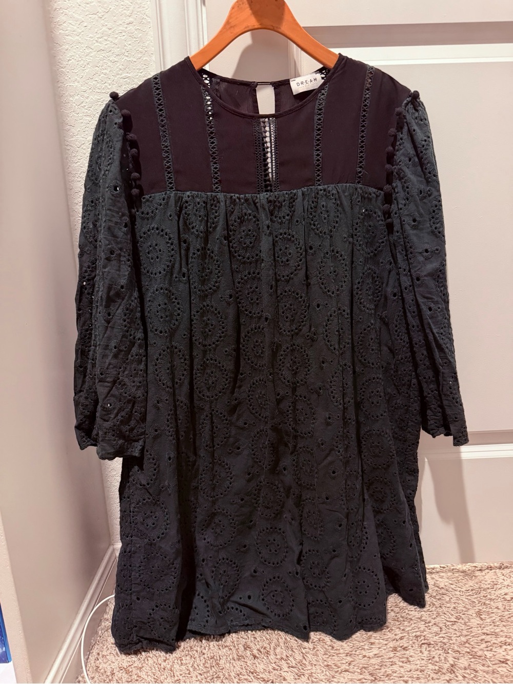 Black Eyelet Mini Dress with Contrast Yoke. Dream by Francescas. Size Medium.